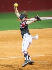 UL pitcher Summer Ellyson (9) has 16 strike outs in the Ragin' Cajuns'  opening game of the 2019 softball season against Fordham at Lamson Park on Thursday, Feb. 7, 2019.