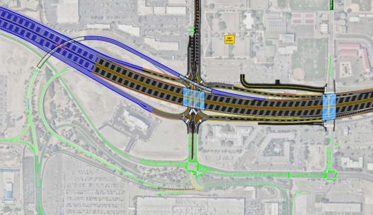 A new rendering of NDOT's preferred Spaghetti Bowl alternative plan, which retains the airport's direct southbound link to the freeway.