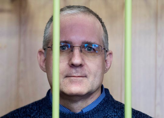 Paul Whelan, a former U.S. Marine, who was arrested in Moscow at the end of last year, attends a hearing in a court in Moscow, Russia, Friday, Feb. 22, 2019. A Moscow court has extended arrest for the American who was detained at the end of December for alleged spying.