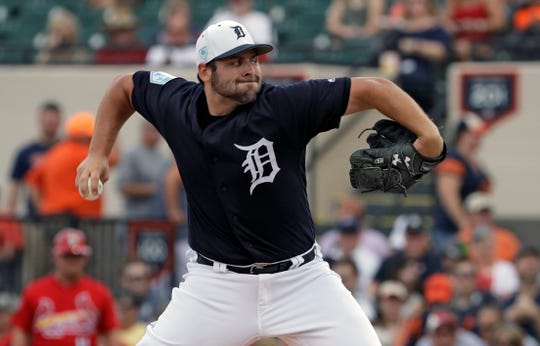 Detroit Tigers pitcher Michael Fulmer goes into his windup against the St. Louis Cardinals during the first inning Monday, March 4, 2019, in Lakeland, Fla.