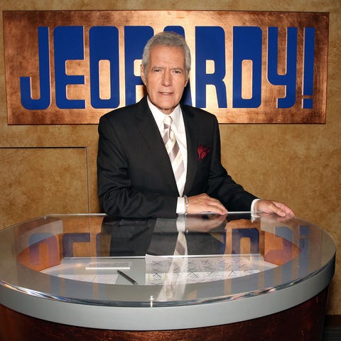 Host Alex Trebek poses on the set at Sony...