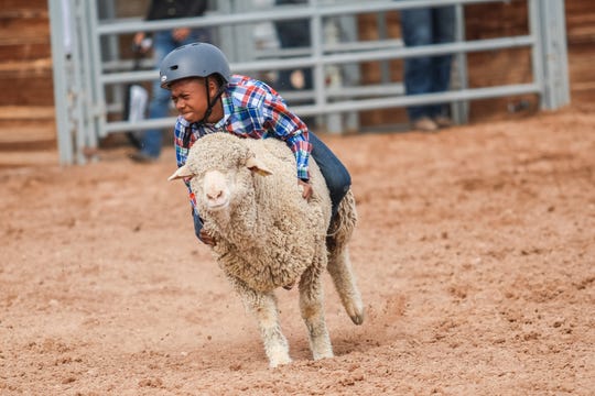 A junior competitor rides a sheep at the Arizona Black Rodeo in Chandler on March 9, 2019.