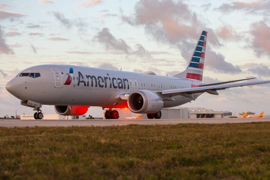 An American Airlines Boeing 737 MAX 8 departing for the Miami International Airport in February 2019.