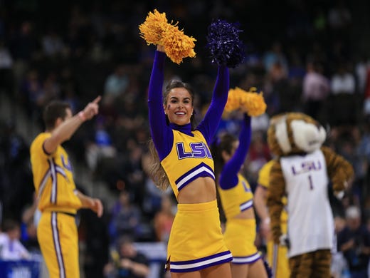 First round: LSU Tigers cheerleaders perform during the first half against the Yale Bulldogs.