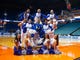 First round: The Georgia State Panthers cheerleaders and mascot pose for a group photo on the court.