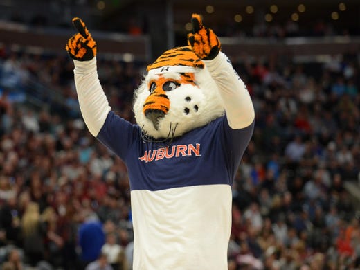 First round: Auburn Tigers mascot Aubie performs during the first half of the game against the New Mexico State Aggies.