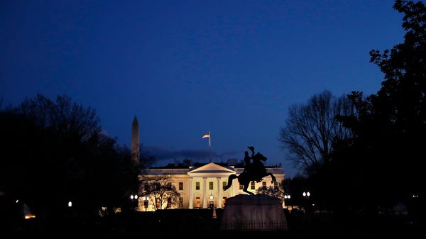 The White House at dusk on March 22, 2019.