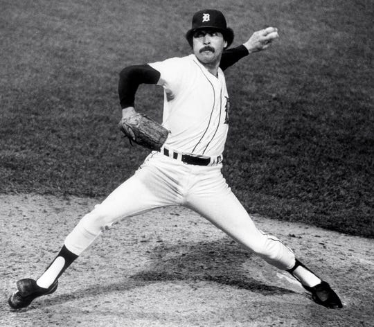 Detroit Tigers' Willie Hernandez pitches in Game 3 of the World Series at Tiger Stadium, Oct. 12, 1984.