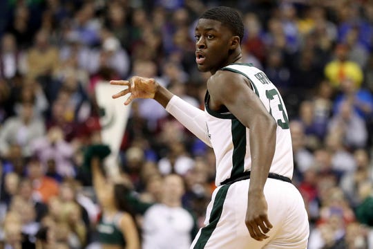 Michigan State's Gabe Brown celebrates a 3-point basket during the first half of an East Region semifinal in the NCAA tournament on Friday, March 29, 2019, in Washington.