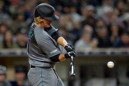 Apr 2, 2019: Arizona Diamondbacks starting pitcher Zack Greinke (21) hits a solo home run during the sixth inning against the San Diego Padres at Petco Park.