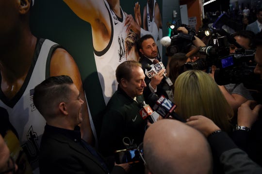 Michigan State Head Coach Tom Izzo answers questions from the media in a hallway at the American Bank Stadium in Minneapolis, Minnesota on Friday, April 5, 2019.