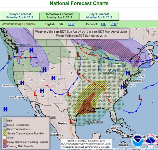 Predicted weather conditions for the northwestern storm system are impacted by the humidity of the Gulf of Mexico in the National Weather Service forecast of April 7, 2019.