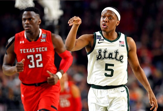 April 6, 2019; Minneapolis, MN, USA; Michigan State Spartans guard Cassius Winston (5) reacts after a first-half match against Texas Tech Red Raiders in the semifinal of the 2019 Final Four at US Bank Stadium. Mandatory Credit: Bob Donnan-USA TODAY Sports