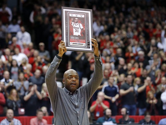 Former Cincinnati Bearcats guard Nick Van Exel is recognized in the second half during the college basketball game between the Memphis Tigers and the Cincinnati Bearcats Thursday, Feb. 23, 2017, at Fifth Third Arena in Cincinnati.