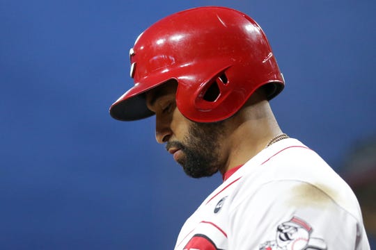 Matt Kemp (27), the Cincinnati Reds' designated forward, is waiting at the top of the dugout steps at the third inning of a MLB baseball game on Wednesday, April 10, 2019, at the Great American Ball Park in Cincinnati. 