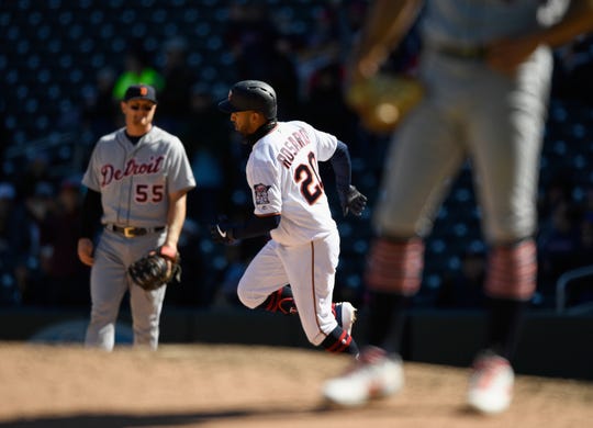 Eddie Rosario rounds the bases after hitting a solo home run off Daniel Norris during the seventh inning at Target Field in Minneapolis.