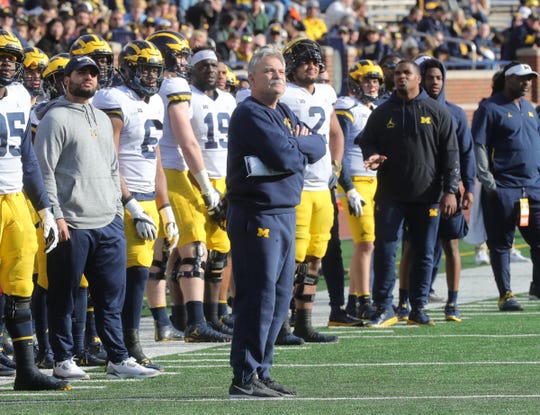 Michigan defensive coordinator Don Brown watches the spring game Saturday, April 13, 2019 at Michigan Stadium in Ann Arbor.