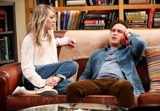 Penny (Kaley Cuoco), left, listens to her husband, Leonard (Johnny Galecki), during an upcoming episode of CBS's "The Big Bang Theory."