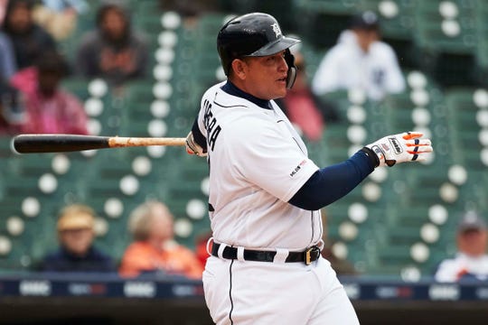Tigers first baseman Miguel Cabrera hits an RBI single in the seventh inning on Thursday, April 18, 2019, at Comerica Park.