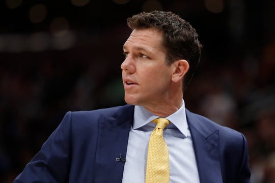 Mar 27, 2019: Los Angeles Lakers head coach Luke Walton watches the action against the Utah Jazz in the first half at Vivint Smart Home Arena.