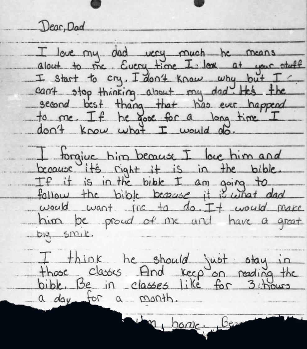 A portion of the letter from 9-year-old Ashley Peterson to Butch Kimmerling.