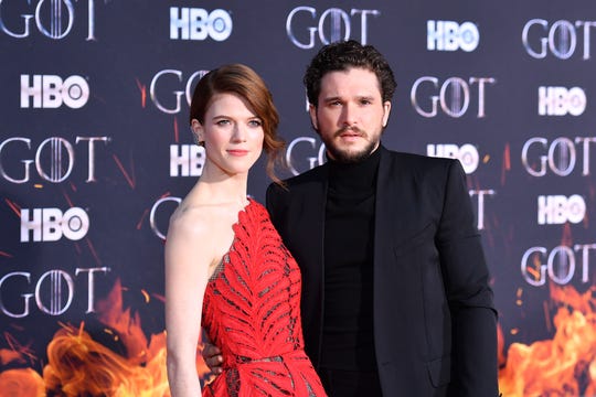 The co-stars and wives Rose Leslie and Kit Harington arrive for the eighth and final season of the premiere of 