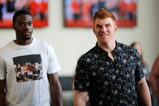 Andy Dalton and A.J. Green arrive during the Legends Past and Present event benefitting the Andy and JJ Dalton Foundation and Ken Anderson Alliance at Paul Brown Stadium in downtown Cincinnati on Tuesday, April 30, 2019. 