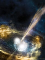 An artistic conception of two neutron stars that merge.