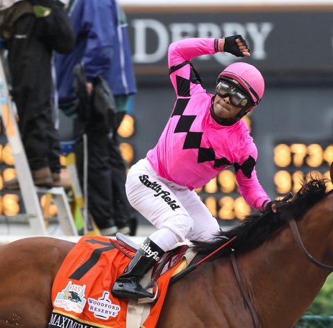 Jockey Luis Saez reacted after finishing first...