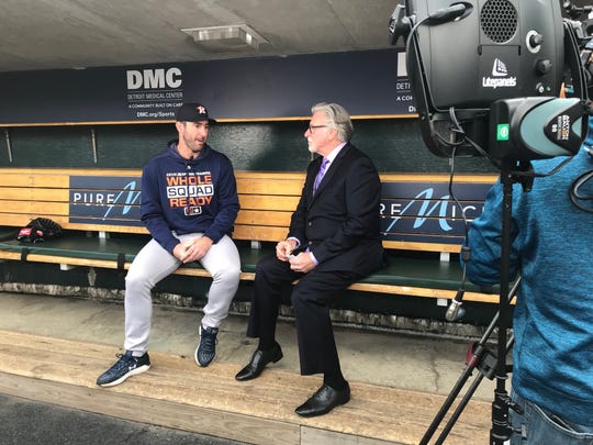 Justin Verlander is interviewed by Jack Morris at Comerica Park on Monday.