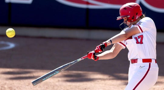 Arizona's Malia Martinez hits a three-run homer last month at Hillenbrand Stadium.