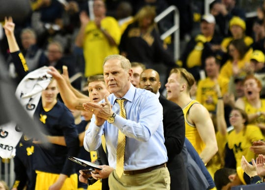 Michigan head coach John Beilein encourages his team in the first half.   Michigan vs Ohio State at Crisler Center in Ann Arbor, Mich.  on Jan. 29, 2019.  (Robin Buckson / Detroit News) 