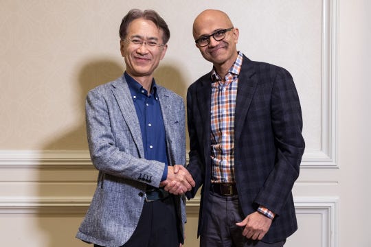 Kenichiro Yoshida, President and CEO of Sony Corporation (left), and Satya Nadella, Chief Executive Officer of Microsoft. The two technology companies are teaming up to develop cloud gaming systems.