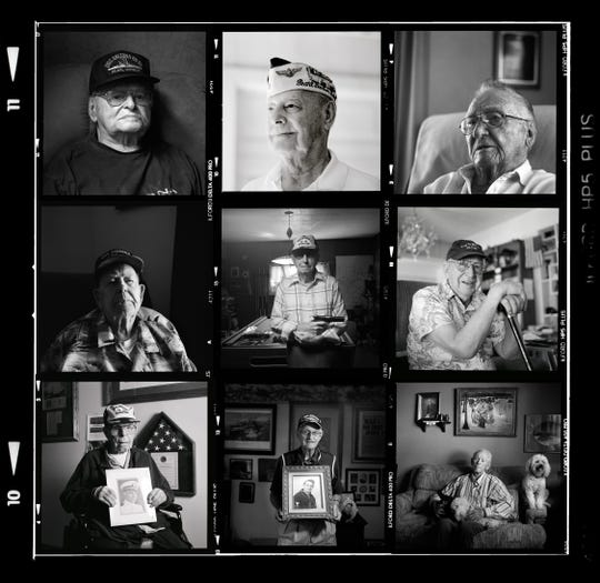 USS Arizona survivors in 2014 (from top left) Raymond Haerry, Lou Conter, Donald Stratton, Clare Hetrick, Ken Potts, Lauren Bruner, Joe Langdell, Lonnie Cook and John Anderson.