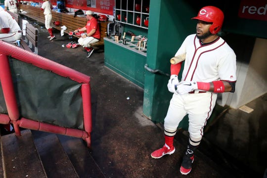 Cincinnati Reds left fielder Phillip Ervin (6) waits in the dugout for his at bat in the fourth inning of an MLB baseball game against the Texas Rangers, Saturday, June 15, 2019, at Great American Ball Park in Cincinnati. 