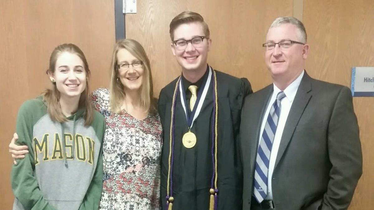 Christian Barnard and his family, sister Melody, mother Cathleen and father Butch, at Messiah College's graduation in Mechanicsburg, Pennsylvania, in May 2017.