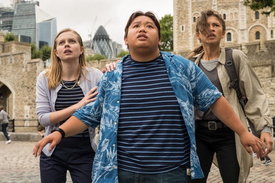 Betty Brant (Angourie Rice, from left), Ned Leeds (Jacob Batalon) and MJ (Zendaya) find themselves in harm's way on a European class trip in "Spider-Man: Far From Home."