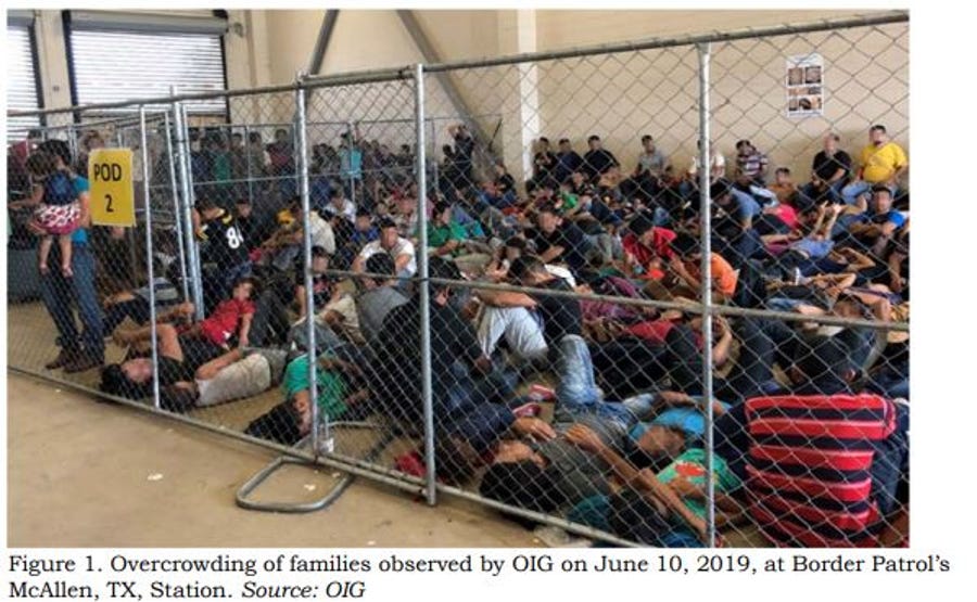 This image released in a report on July 2, 2019, by the US Department of Homeland Security's Inspector General Office shows migrant families overcrowding a Border Patrol facility on June 10, 2019 in McAllen, Texas.