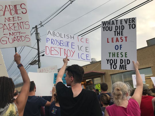 Demonstrators gather outside the Elizabeth immigration detention center on July 2, 2019 as part of nationwide "Close the Camps" events.