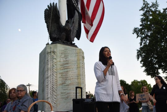 Teaneck joins nationwide Lights For Liberty Candlelight Vigil to protest immigration camps by the Teaneck municipal building on Friday July 12, 2019. Glen Rock Councilwoman Arati Kreibich and Founder of GRATM (Glen Rock After The March), speaks about her experience as an immigrant during the vigil. 