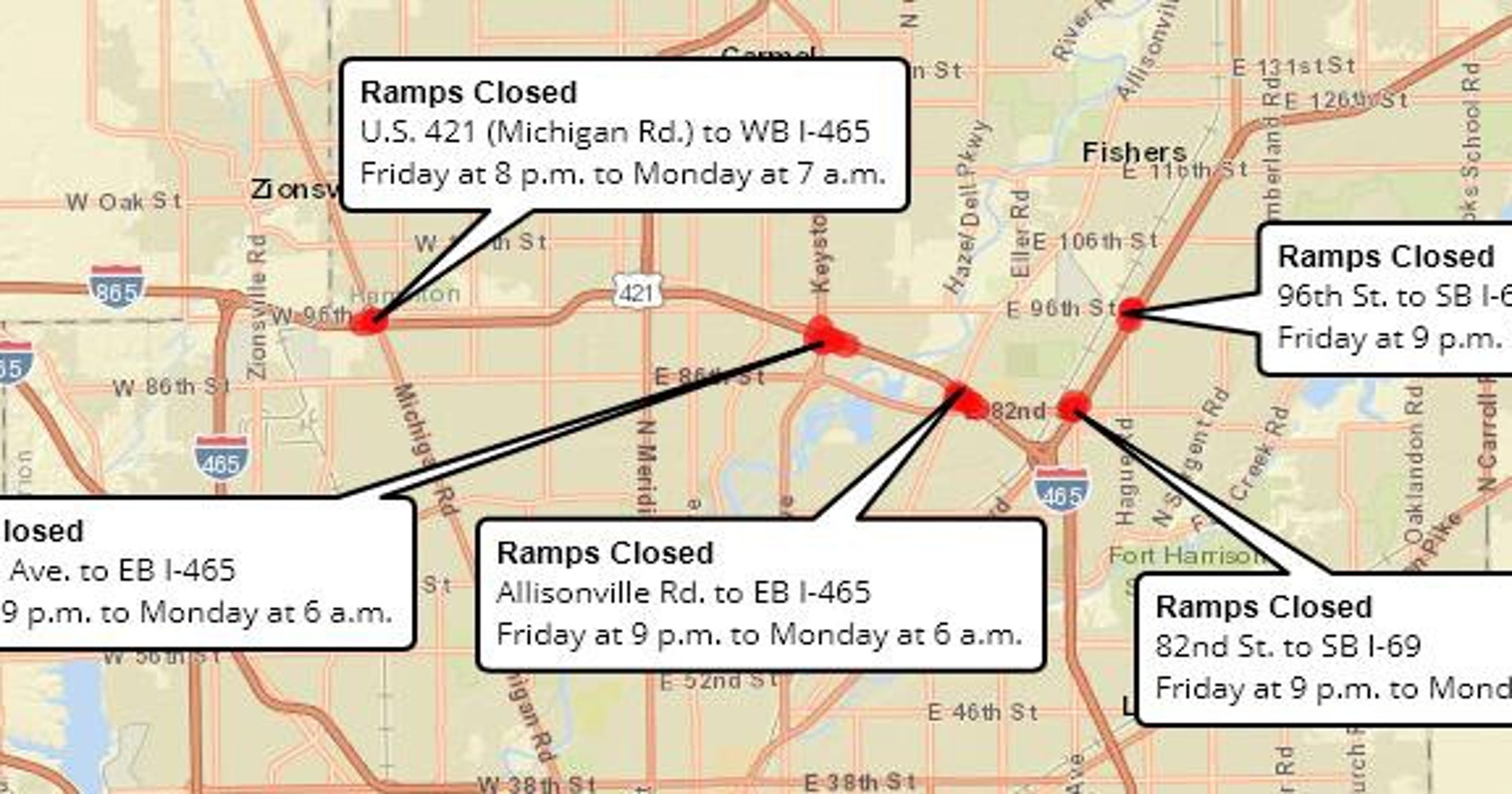 Indianapolis traffic: I 465 I 69 ramps closing for the weekend