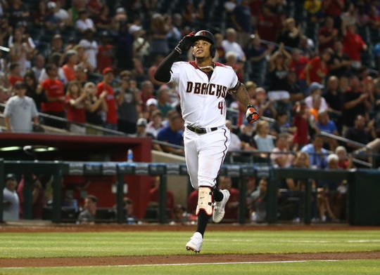 Arizona Diamondbacks Ketel Marte hits a home run against the Baltimore Orioles in the sixth inning at Chase Field on July 24, 2019 in Phoenix, Ariz.