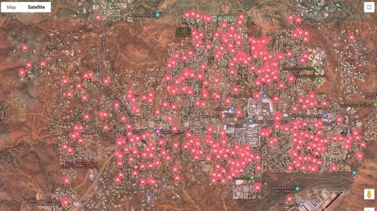 A map of short-term rentals currently operating in West Sedona.