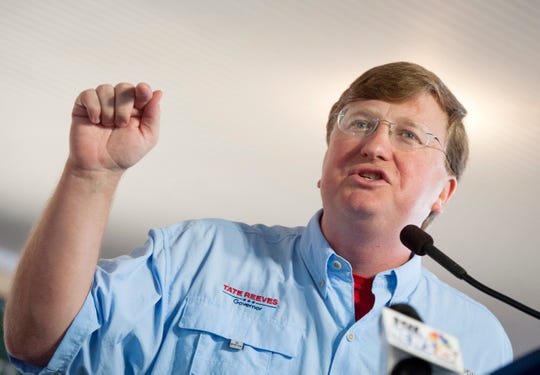 Tate Reeves, Republican candidate for governor, addresses the crowd at the pavilion in Founders Square at the Neshoba County Fair Thursday, Aug. 1, 2019.