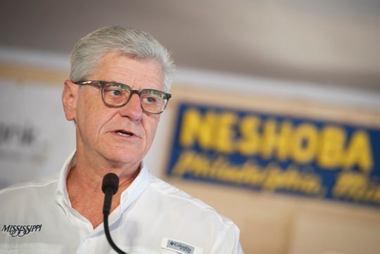 While addressing the crowd gathered in and around the pavilion in Founders Square at the Neshona County Square Thursday, Gov. Phil Bryant speaks of the accomplishments Mississippi has made during his eight-year administration.