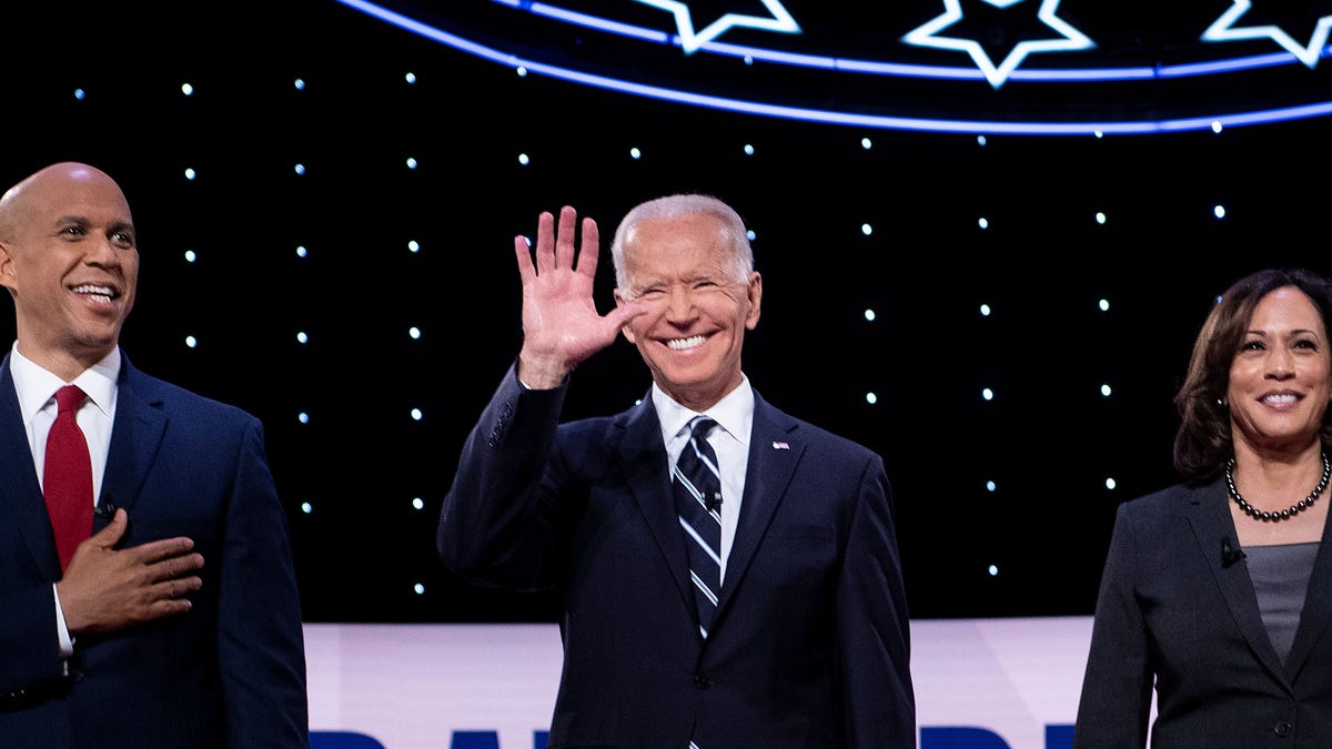 Cory Booker, Joe Biden and Kamala Harris at the Democratic debate in Detroit on July 31, 2019.