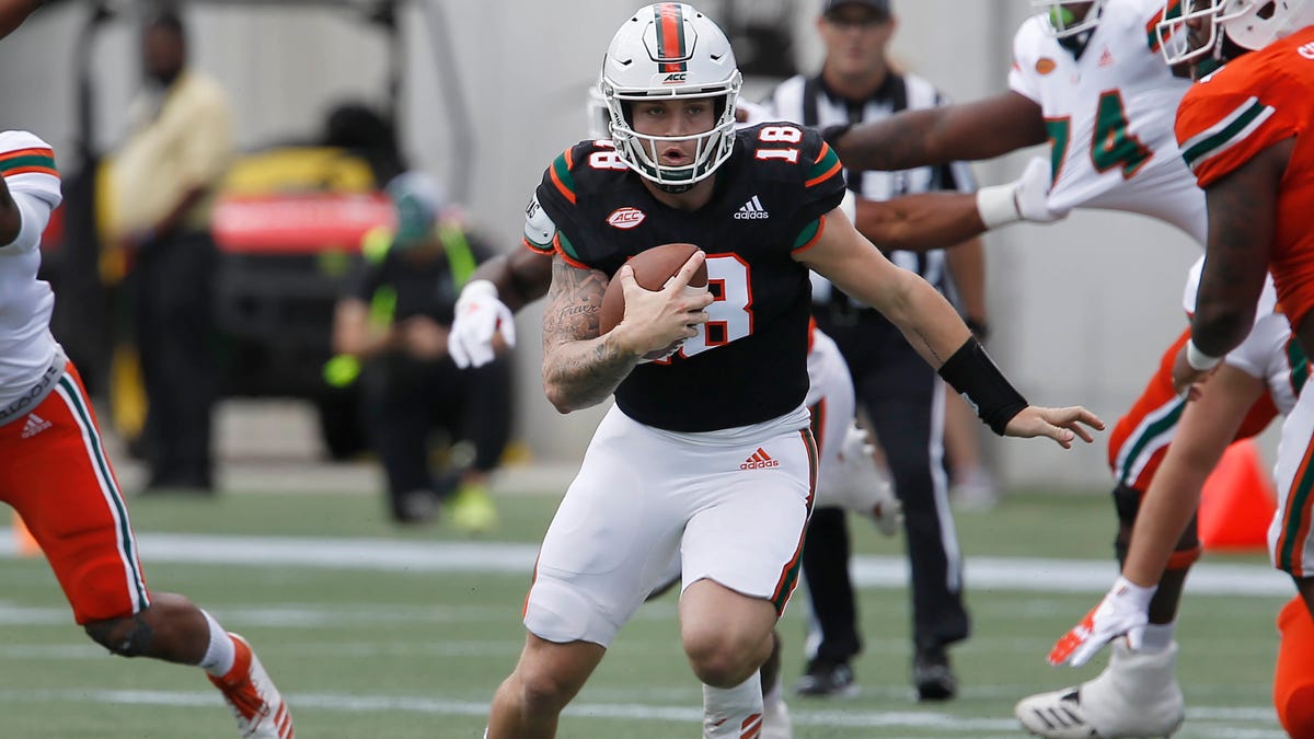 Miami (Fla.) quarterback Tate Martell runs the team's spring game in April of 2019.