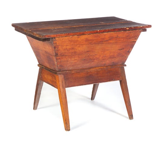 This pine dough box was made in the 1850s. It sold for $219 at a Garth's auction. Country furniture is selling for low prices, but there seem to be more pieces sold at flea markets than during the past few years.              