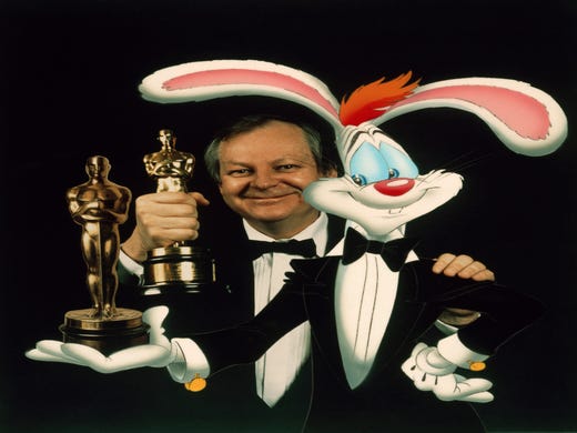 ONE-TIME USE ON 8/17/19 1989 portrait of animator Richard Williams and his creation, 'Roger Rabbit'.