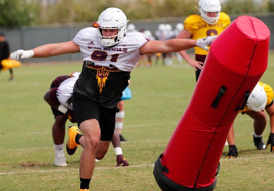 ASU defensive end Michael Matus (91) performs a drill during practice in Tempe August 18, 2019.